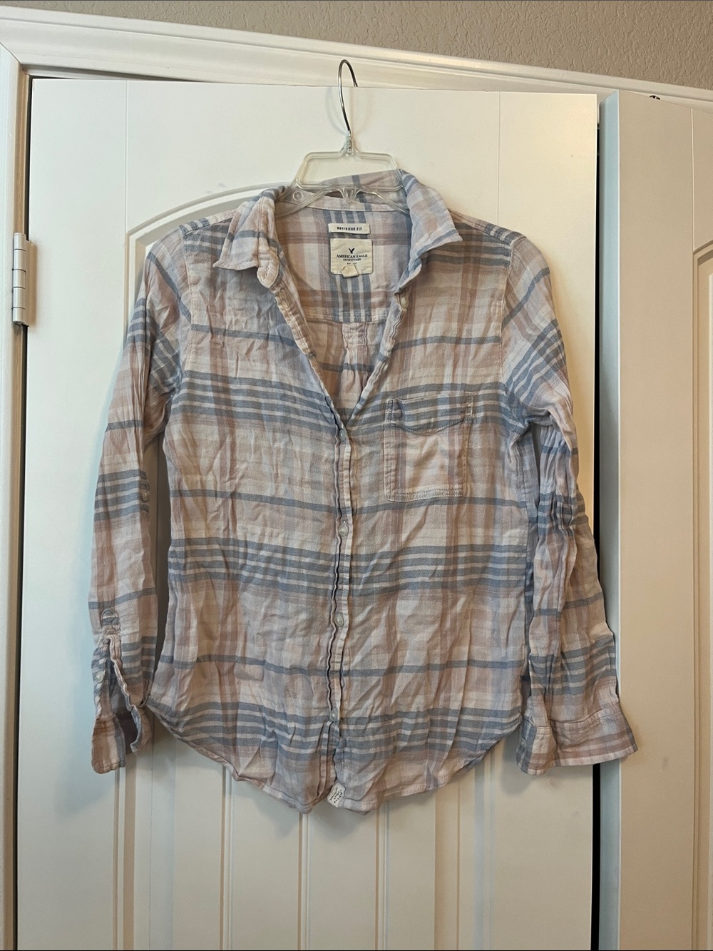American Eagle Outfitters Boyfriend Fit Plaid Shirt in Blue and Tan